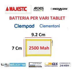 BATTERIA PER TABLET MEDIACOM ARCHOS CLEMENTONI CLEMPAD ALCATEL 2500 mah 9,2cm*7cm*3mm