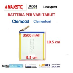 BATTERIA PER TABLET MEDIACOM M-SP8EY ARCHOS CLEMENTONI CLEMPAD ALCATEL 3500 mah 10,5*9,5*3mm